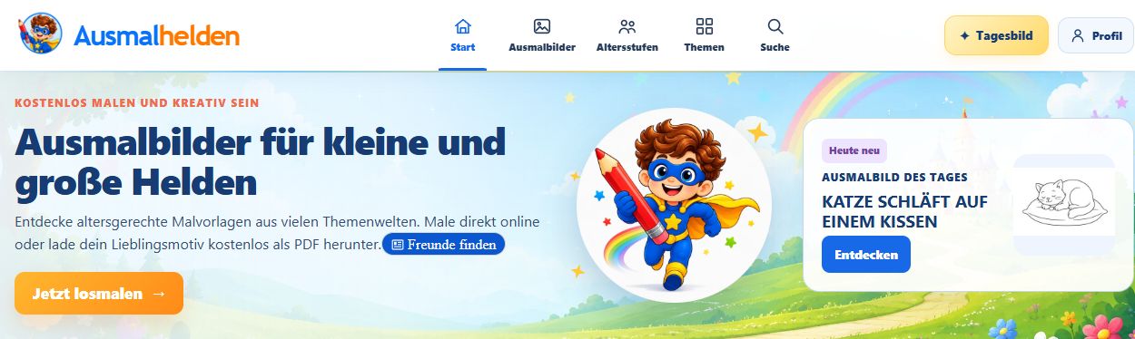 Ausmalhelden-Startseite mit Malvorlagen, Themenwelten und Ausmalbild des Tages