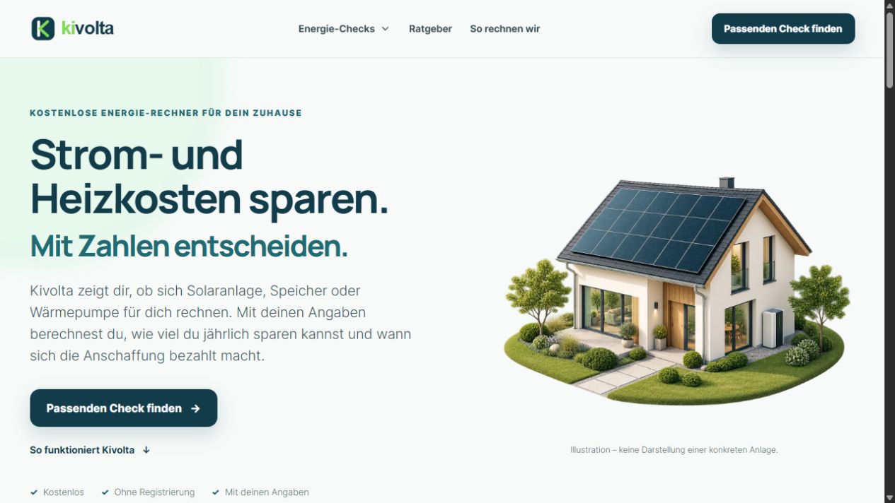 Kivolta-Startseite mit Energie-Rechnern für PV, Speicher und Wärmepumpen