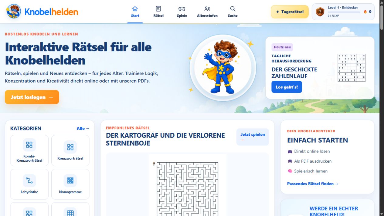 Knobelhelden-Startseite mit interaktiven Rätseln, Tagesrätsel und Kategorien