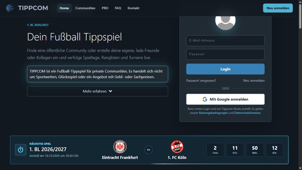 Tippcom-Startseite mit Fußball-Tippspiel, Anmeldung und nächstem Spiel