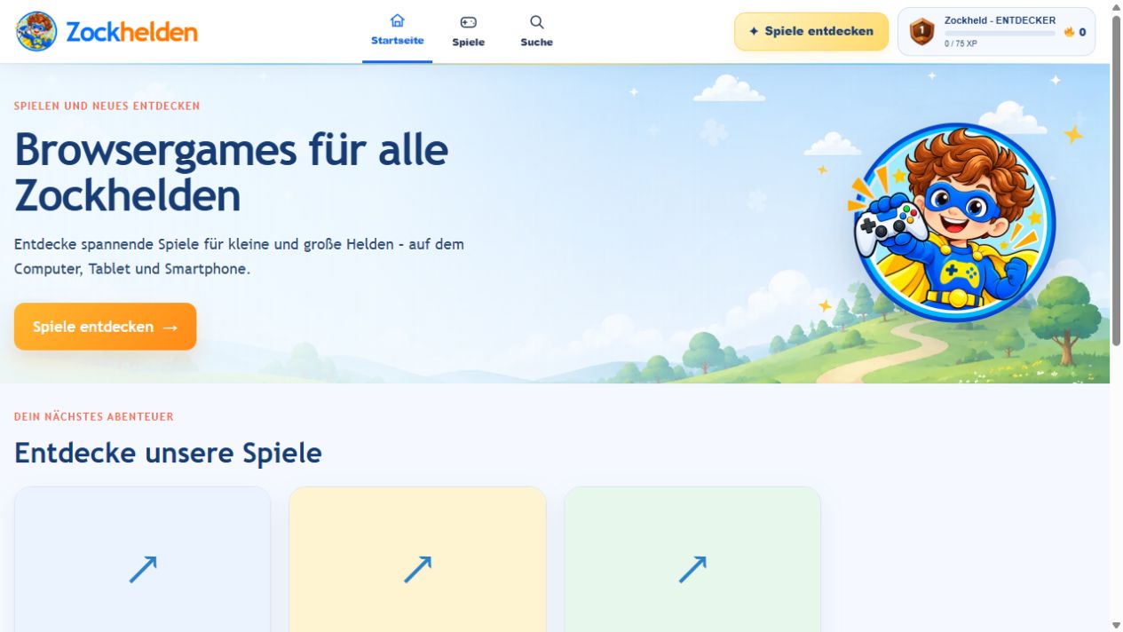 Zockhelden-Startseite mit Browsergames für kleine und große Spielefans